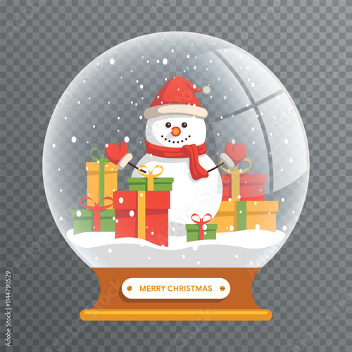 Christmas snow globe. New Year's glass snow globe with a snowman and gifts. Symbol of New Year and Christmas. Children's flat vector illustration isolated on transparent background