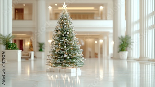 A large decorated Christmas tree stands in a spacious, elegant lobby with marble floors and classical columns.