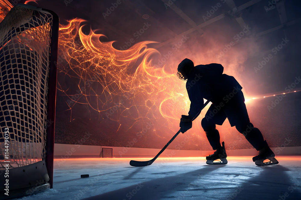 Naklejka premium Silhouette Körper Eishockey Spieler auf dem Eis in der Halle mit Gegenlicht - Flammen und Plasma Linien - Energie und Kraft - Abstrakte Sport Darstellung