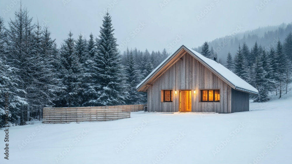 Beautiful winter view of snowy mountains and house in frost-kissed forest. Christmas trees on icy landscape Beautiful winter view of snowy mountains and house in frost-kissed forest. Christmas trees on icy landscape