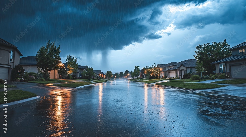 Suburban street flooded during heavy thunderstorm. Suburban street flooded during heavy thunderstorm.