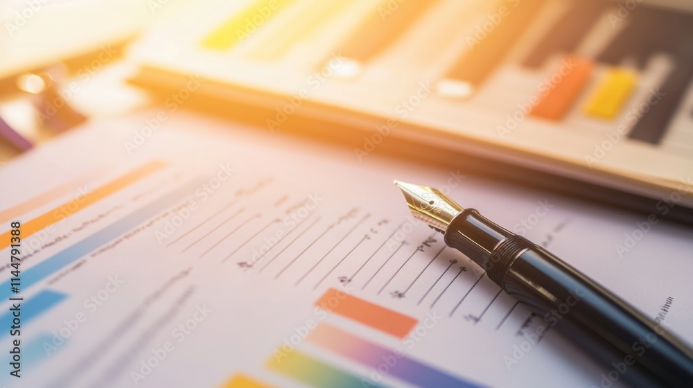 Fototapeta premium Fountain pen on a detailed handwritten report with vibrant graphs and colorful sticky notes, highlighting creative workspace dynamics and analytical tasks in a professional setting.