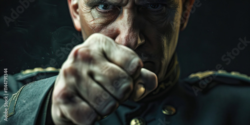 Close-up Portrait of a Man in Military Jacket Making a Fist