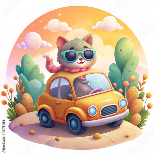 Cartoon Cat Driving a Yellow Car in a Summer Landscape photo