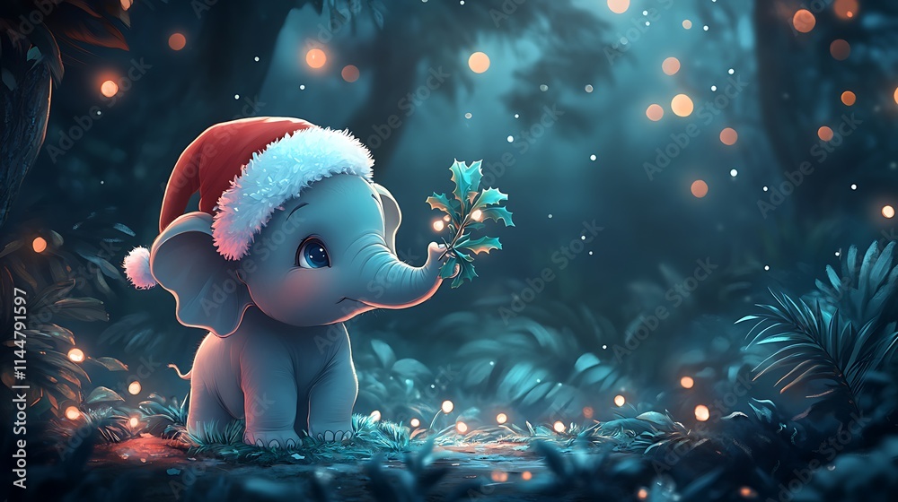 Obraz premium A baby elephant wearing a Santa hat holding a festive branch with its trunk