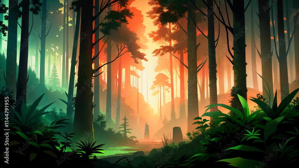 Fototapeta premium A forest with a bright orange sun shining through the trees