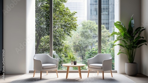 Modern minimalist waiting area with two armchairs, coffee table, and large window overlooking a cityscape with trees.