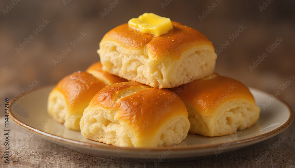 Freshly Baked Golden Dinner Rolls with Melting Butter in Rustic Comfort Setting Freshly Baked Golden Dinner Rolls with Melting Butter in Rustic Comfort Setting