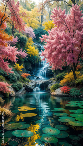 A lush, vibrant garden with a serene pond surrounded by colorful trees and foliage