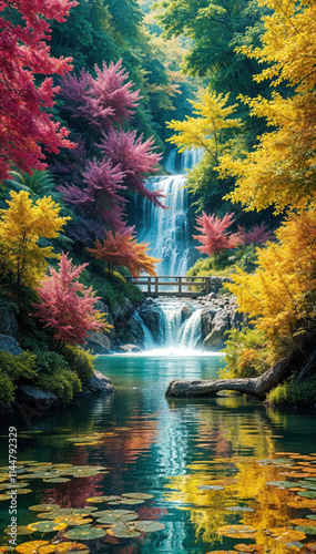 A lush, vibrant landscape with a cascading waterfall surrounded by colorful autumn foliage, including red, yellow, and green trees