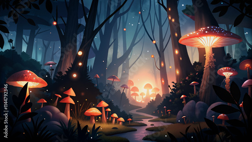 A forest scene with many mushrooms and a glowing light in the background