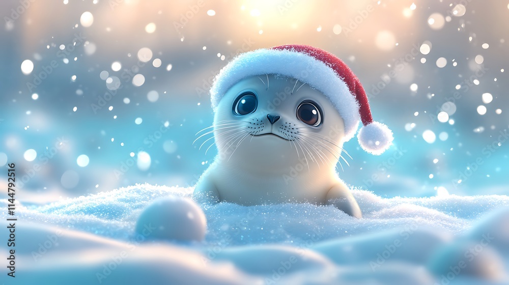 Obraz premium A seal pup in a Santa hat playing with a festive snowball