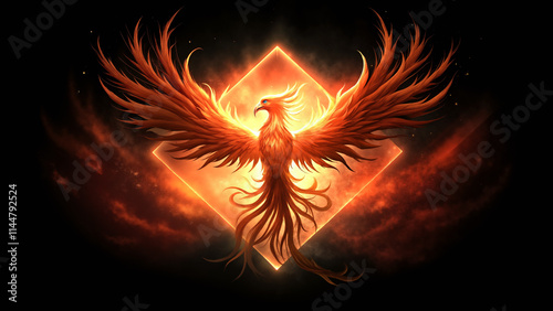 A fiery bird with a diamond shape in the background