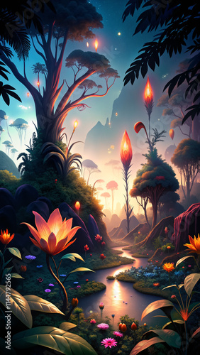 A colorful forest with a river running through it