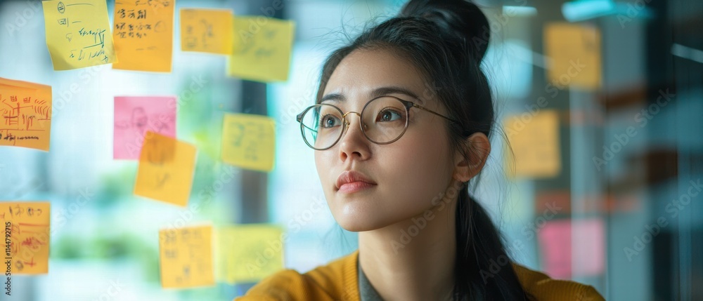 Naklejka premium Thoughtful Young Woman Surrounded by Colorful Sticky Notes in Office