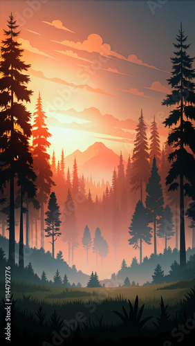 A forest with a mountain in the background and a sunset in the distance