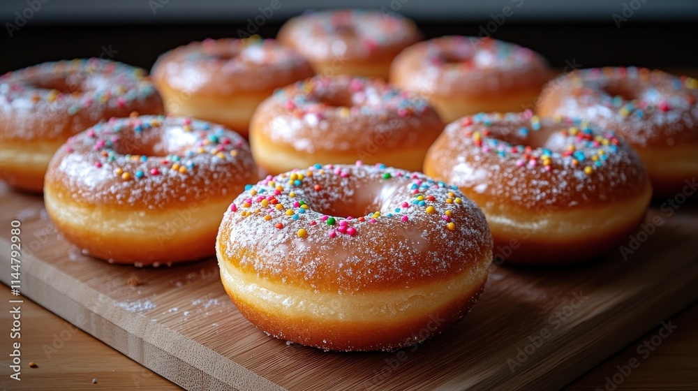 Freshly baked glazed donuts with sprinkles on a wooden board. Freshly baked glazed donuts with sprinkles on a wooden board.