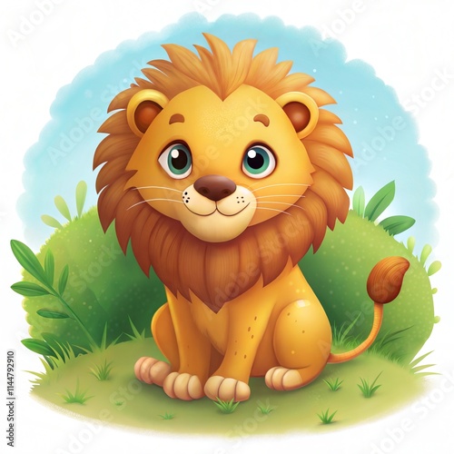 Cute Cartoon Lion on a Sunny Day with Clouds and Plants photo