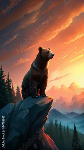 A bear is standing on a rock in front of a mountain