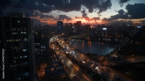 Wallpaper Mural Night Cityscape at Sunset: Urban Panorama with Traffic Torontodigital.ca