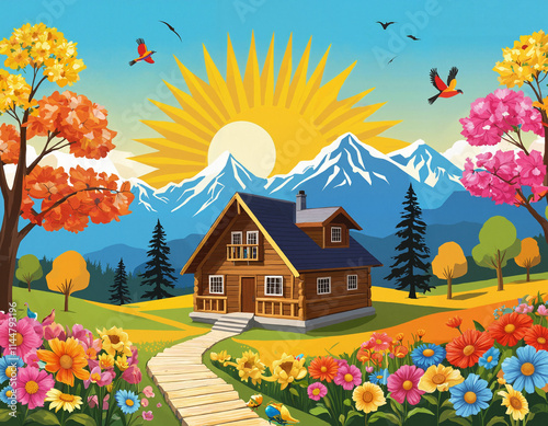 Colorful scenic landscape featuring a cozy cabin surrounded by vibrant flowers, mountains, and a bright sun in a whimsical setting
