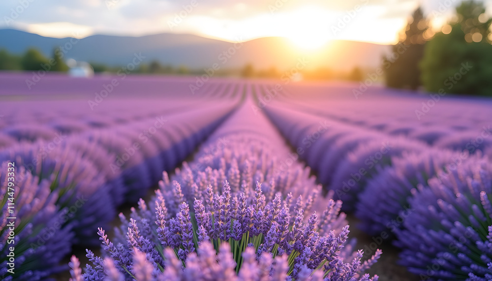 Fototapeta premium Vast lavender field in full bloom during sunset with a scenic mountainous background