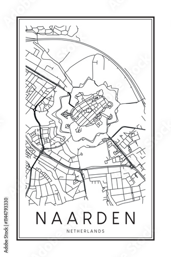 Printable downtown road map poster of the Dutch city of NAARDEN on solid white background with city name