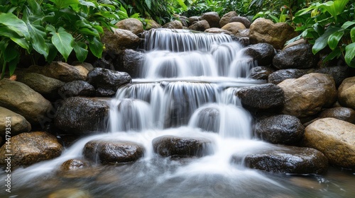 Serene waterfall cascading over smooth rocks, surrounded by lush green foliage, creating a tranquil natural oasis.