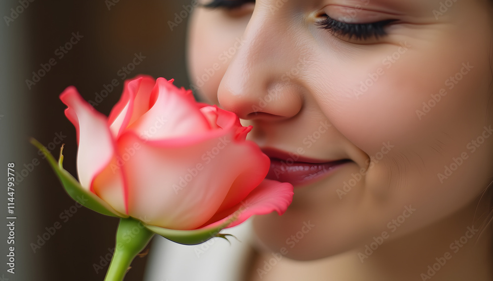 Young woman smelling a beautiful pink rose, experiencing joy in a charming indoor setting Young woman smelling a beautiful pink rose, experiencing joy in a charming indoor setting
