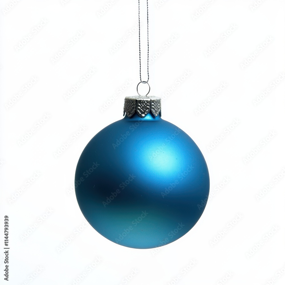 Blue Christmas ornament hangs on a thread, against an isolated white background Blue Christmas ornament hangs on a thread, against an isolated white background