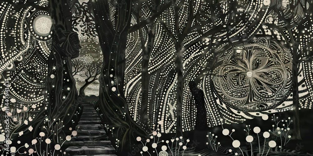 Fototapeta premium Stylized Forest Path with Ornate Tree Designs