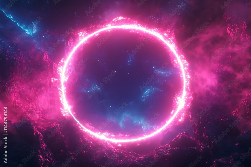Obraz premium Abstract neon circle frame on a dark background, with a glowing light effect and a blue and pink glow in the middle of an empty space for design