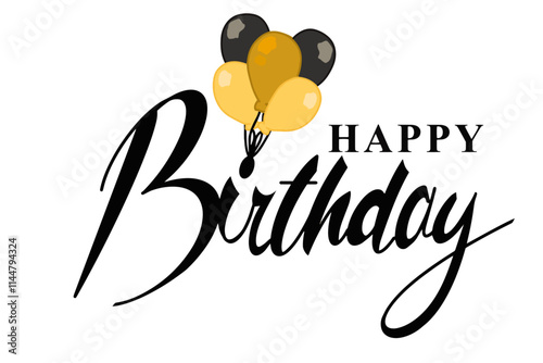 Vector design featuring the text "Happy Birthday" with a golden bouquet of balloons and a candle shaped like the number 1