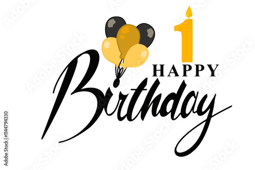 Vector design featuring the text "Happy Birthday" with a golden bouquet of balloons and a candle shaped like the number 1