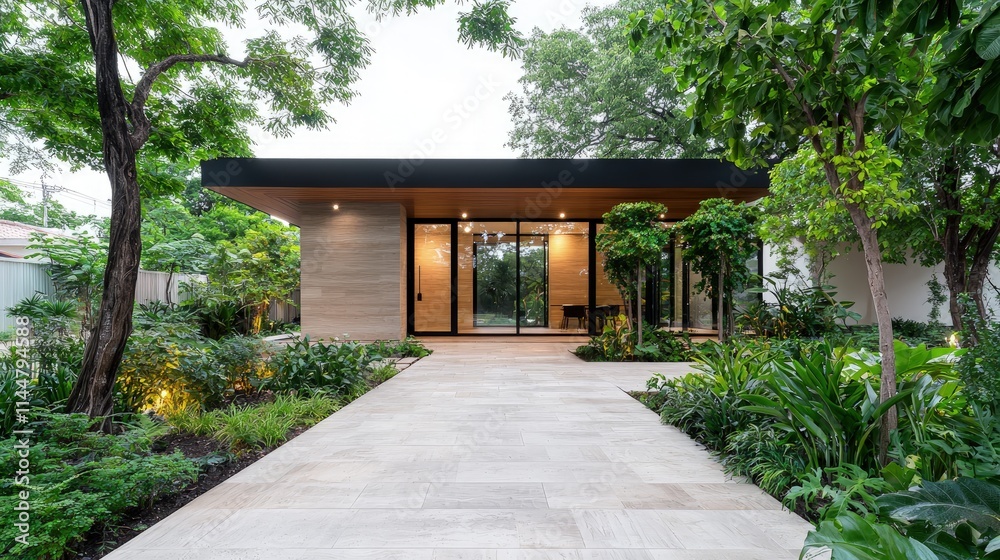 Modern minimalist house with garden path. Modern minimalist house with garden path.