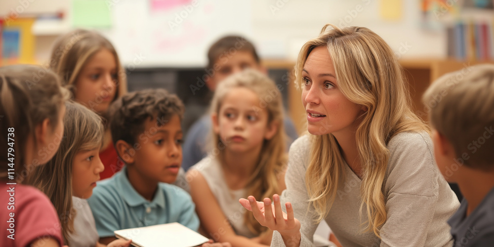 An attentive teacher engages with her diverse students in a bright classroom, highlighting the impact of education and fostering curiosity and learning. An attentive teacher engages with her diverse students in a bright classroom, highlighting the impact of education and fostering curiosity and learning.