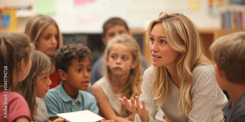 An attentive teacher engages with her diverse students in a bright classroom, highlighting the impact of education and fostering curiosity and learning. photo