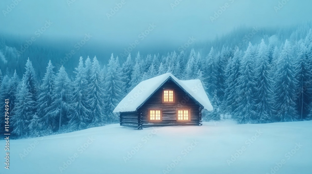 Beautiful winter view of snowy mountains and house in frost-kissed forest. Christmas trees on icy landscape Beautiful winter view of snowy mountains and house in frost-kissed forest. Christmas trees on icy landscape
