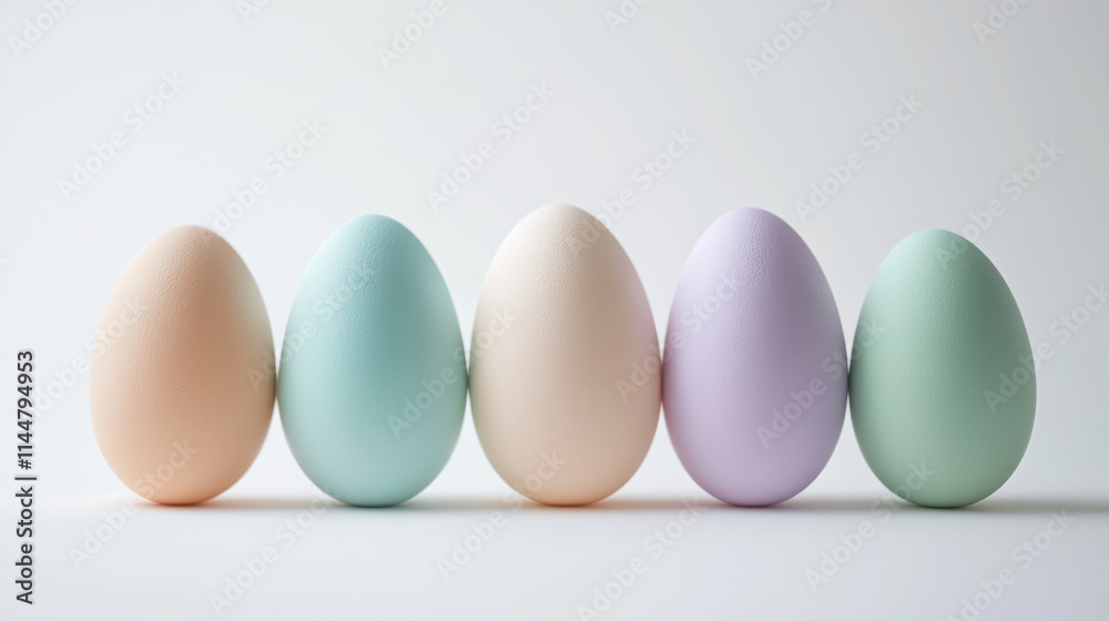 A detailed image of natural eggs in a row, vibrant pastel colors such as lavender, aqua blue, mint green, peach, and pink, arranged on a clean white background. The eggs display subtle texture and smo A detailed image of natural eggs in a row, vibrant pastel colors such as lavender, aqua blue, mint green, peach, and pink, arranged on a clean white background. The eggs display subtle texture and smo