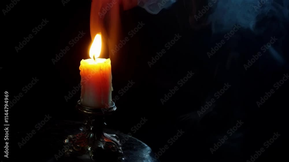 A single candle burns brightly, emitting smoke that curls into the dark background. Creates a mysterious and atmospheric scene.. AI Generation