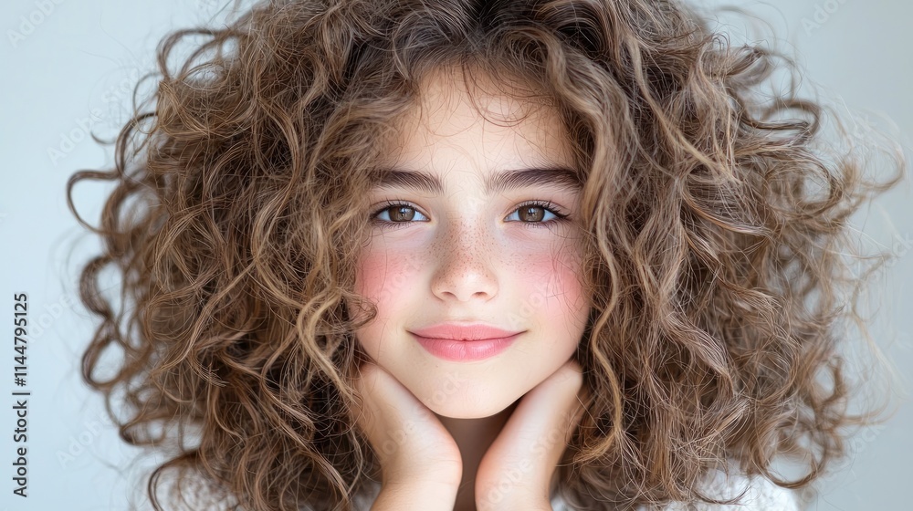 Portrait of a girl with curly hair, smiling and looking at the camera. Portrait of a girl with curly hair, smiling and looking at the camera.