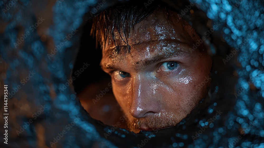 A close-up of a man's intense expression seen through a small opening. A close-up of a man's intense expression seen through a small opening.