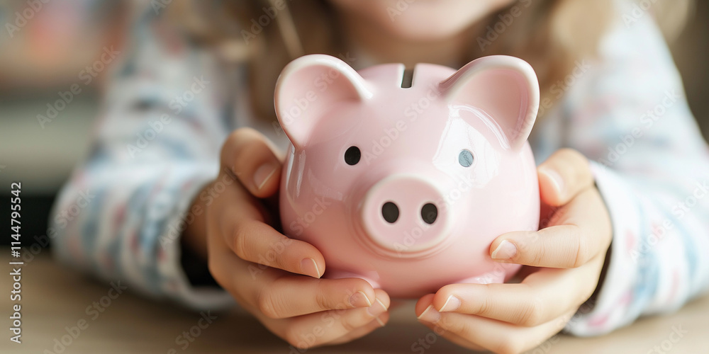 Close-up image of a child holding a pink piggy bank, symbolizing savings and financial security, accompanied by a sense of innocence and responsibility. Close-up image of a child holding a pink piggy bank, symbolizing savings and financial security, accompanied by a sense of innocence and responsibility.