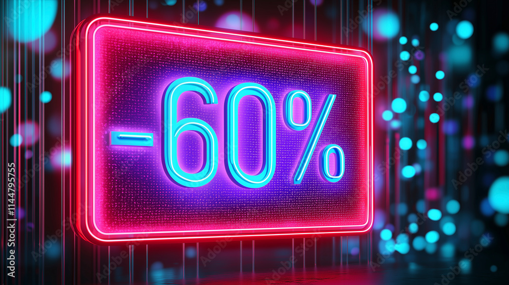 Obraz premium Neon Sale Banner in Pink Blau, 60% Rabatt Sale Banner für Angebote zu Weihnachten, Neujahr, Cyber Monday, Black Friday oder sonstiger Anlass, Shopping Offerte und Ausverkauf im Party Retro Style