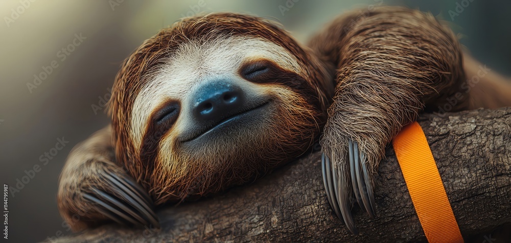 Fototapeta premium A relaxed sloth resting on a tree branch, embodying tranquility and nature's beauty.