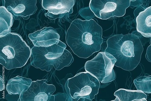 pattern of translucent jellyfish with glowing lines on a dark background
