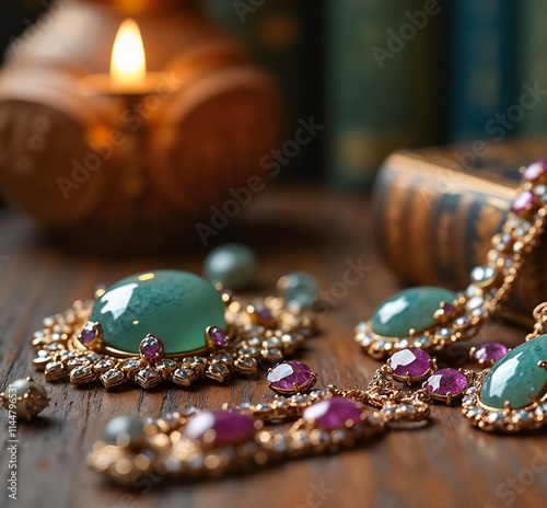 Luxurious gemstone jewelry arrangement with candlelight on wooden table, elegant decor photo