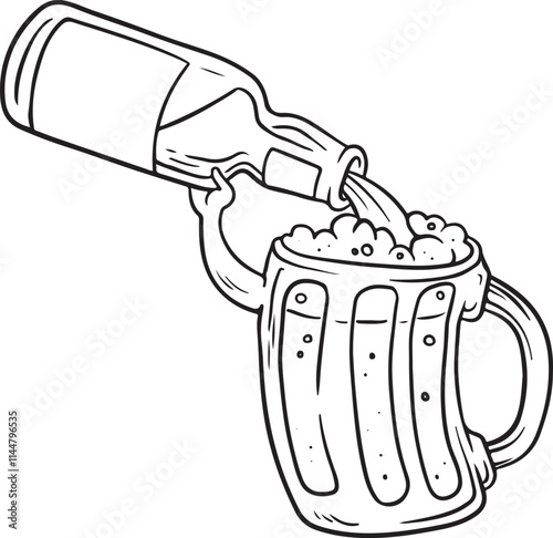 Hand drawn outline sketch of beer bottle and glasses. Vector illustration. Image for any kind of celebration. Pouring beer. Vector set	
