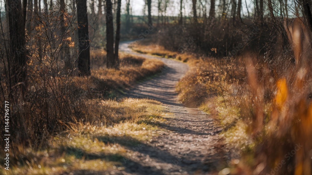 A narrow forest path winding through the autumn landscape. A path overgrown with low dry grass. The sun's rays penetrate through the sparse foliage. A narrow forest path winding through the autumn landscape. A path overgrown with low dry grass. The sun's rays penetrate through the sparse foliage.