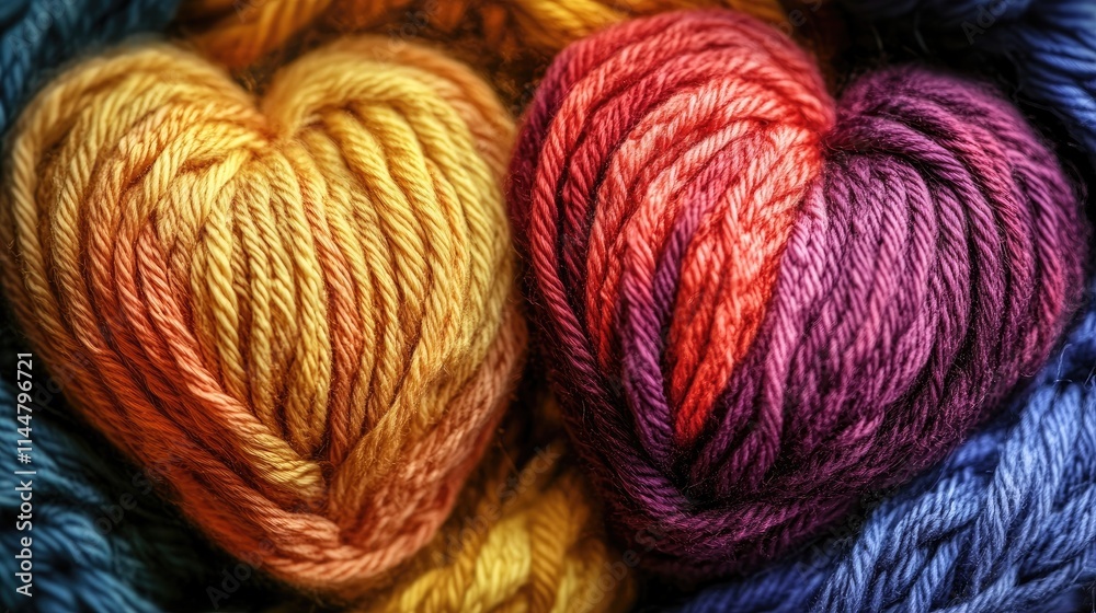 Close-up image of two heart-shaped knit patterns created with colorful yarn, capturing the essence of creativity and warmth. Yarn details are vivid and inviting, with ample copy space.